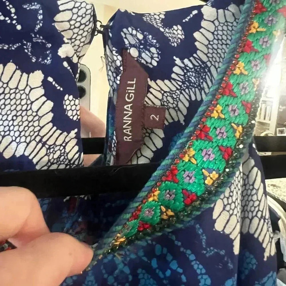 585 Anthropologie Ranna Gill Blue Boeh Maxi Dress Beaded Pleated Size 2 - Picture 7 of 8